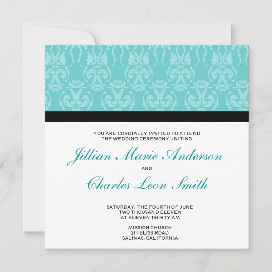Tiffany Blauwgroen Damask Wedding Invitations Kaart (Voorkant)