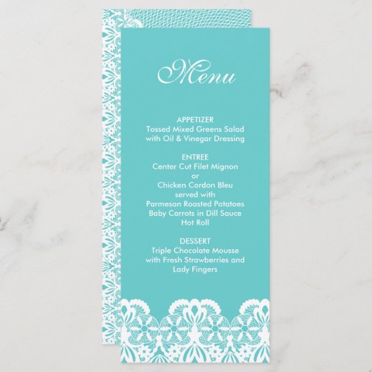 Tiffany Blauwgroen Lace Wedding Menu (Voorkant / Achterkant)