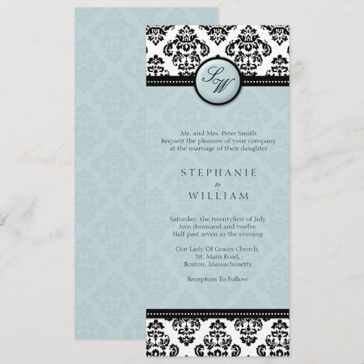 Tiffany Damask Monogram Wedding Invitation Kaart (Voorkant / Achterkant)