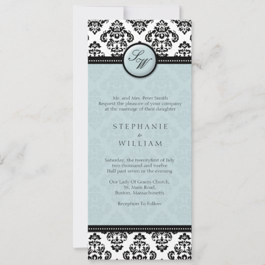 Tiffany Damask Monogram Wedding Invitation Kaart (Voorkant)