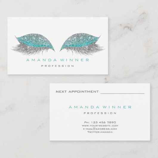 Tiffany Grey Glam Lashes Exention Makeup Glitter Afsprakenkaartje (Voorkant / Achterkant)