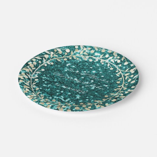 Tiffany Smaragd Glitterende Foxier Gouden Krans Gu Papieren Bordje (Gekanteld)