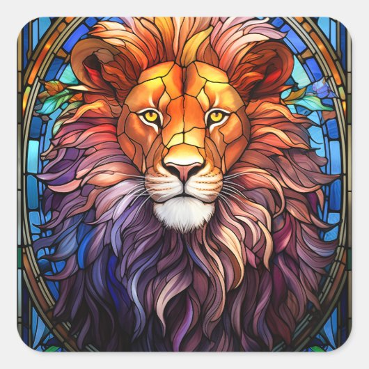 Tiffany-stijl Glas in lood Majestic Lion Vierkante Sticker (Voorkant)