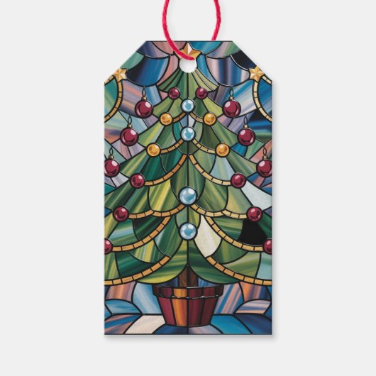 Tiffany-Style Gebrandschilderde Kerstboom Cadeaulabel (Voorkant)
