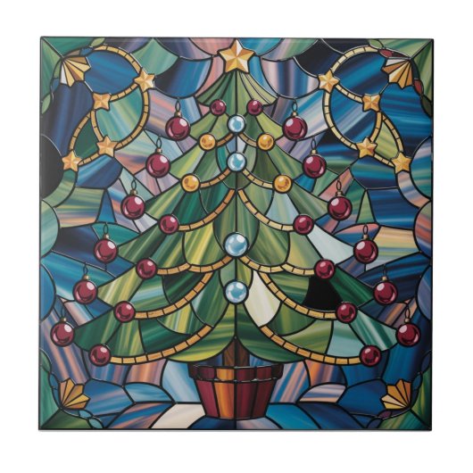 Tiffany-Style Gebrandschilderde Kerstboom Tegeltje (Voorkant)