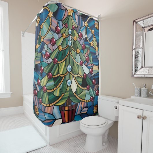 Tiffany-Style Stained Glass Christmas Tree Douchegordijn (In situ)