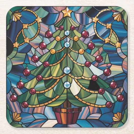 Tiffany-Style Stained Glass Christmas Tree Kartonnen Onderzetters (Voorkant)