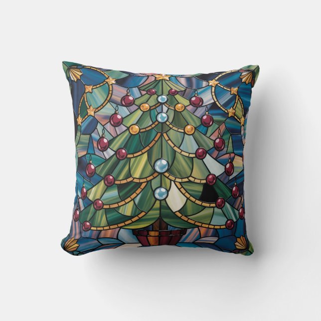 Tiffany-Style Stained Glass Christmas Tree Kussen (Voorkant)