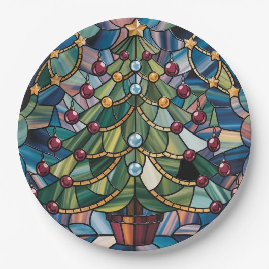 Tiffany-Style Stained Glass Christmas Tree Papieren Bordje (Voorkant)
