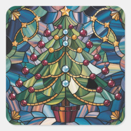 Tiffany-Style Stained Glass Christmas Tree Vierkante Sticker