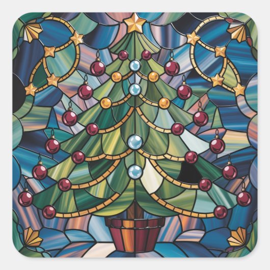 Tiffany-Style Stained Glass Christmas Tree Vierkante Sticker (Voorkant)