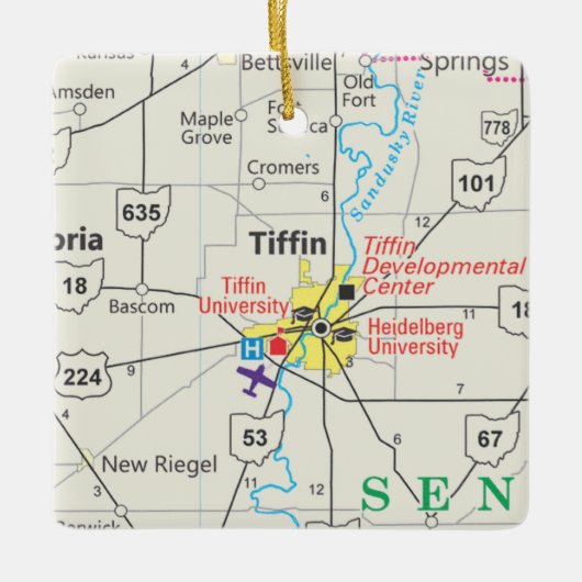 Tiffin Ohio Road Map Keramisch Ornament (Voorkant)