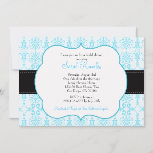 Tiffny Blue Bridal Shower Invitations Damask Kaart (Voorkant)