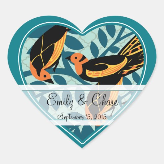 Tigalgroene Art Deco Liefdesvogels zittend in een Hart Sticker (Voorkant)