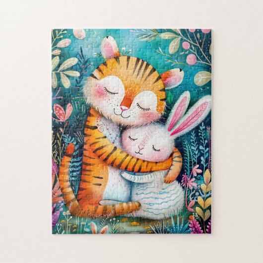 Tiger and Rabbit Embrace on in night time at fores Legpuzzel (Verticaal)