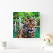 Tiger and Waterfall Vierkante Klok (Huis)