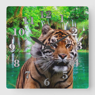 Tiger and Waterfall Vierkante Klok