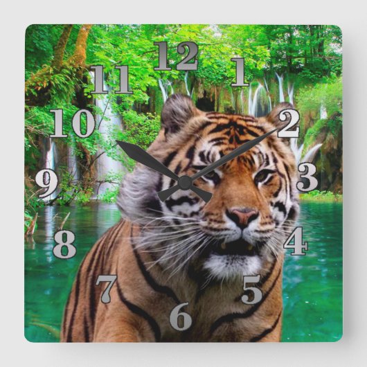 Tiger and Waterfall Vierkante Klok (Voorkant)