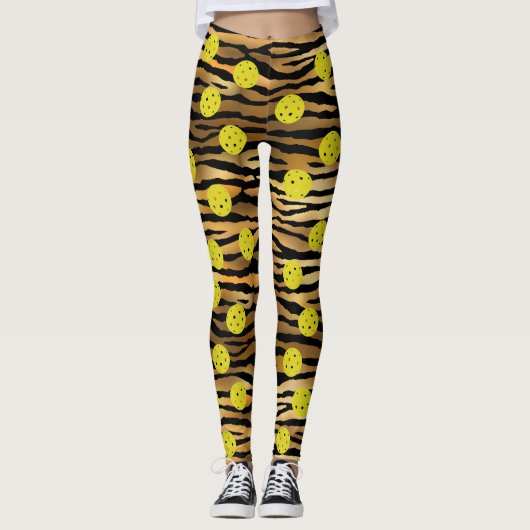 Tiger Animal Print Gold Brown Yellow Pickleball Leggings (Voorkant)