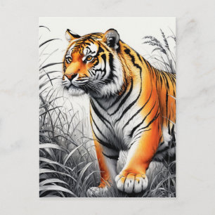 Tiger Art Kleur Gedeeltelijke Zwart Wit Tekening Briefkaart