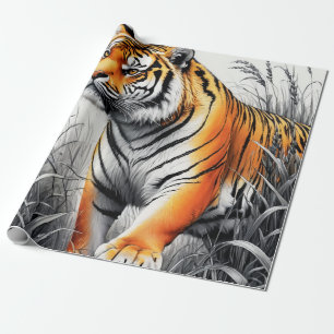 Tiger Art Kleur Gedeeltelijke Zwart Wit Tekening Cadeaupapier