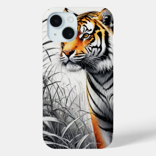 Tiger Art Kleur Gedeeltelijke Zwart Wit Tekening iPhone 15 Case