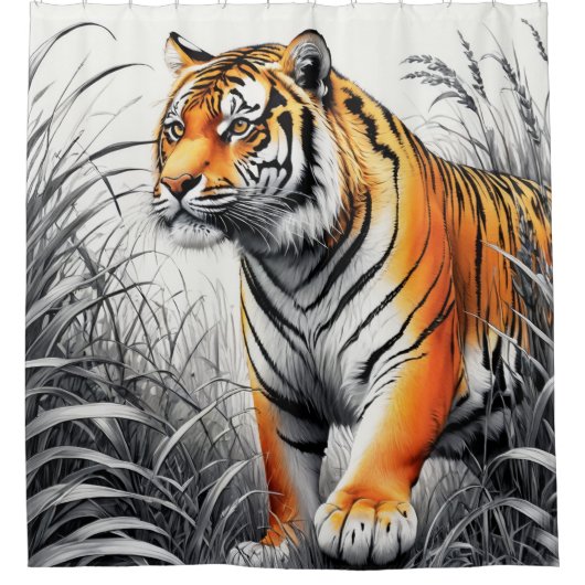 Tiger Art Kleur Gedeeltelijke Zwart Wit Tekening Douchegordijn (Voorkant)