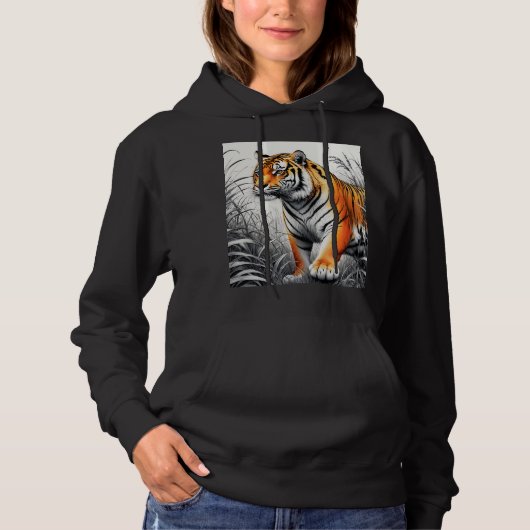Tiger Art Kleur Gedeeltelijke Zwart Wit Tekening Hoodie (Voorkant)