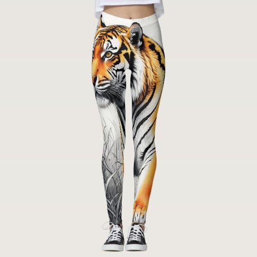 Tiger Art Kleur Gedeeltelijke Zwart Wit Tekening Leggings (Voorkant)