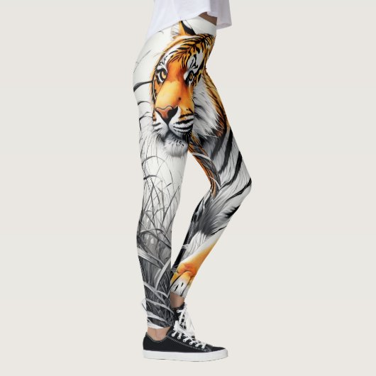 Tiger Art Kleur Gedeeltelijke Zwart Wit Tekening Leggings (Rechts)