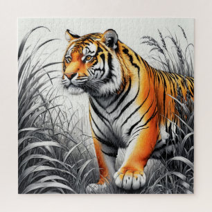 Tiger Art Kleur Gedeeltelijke Zwart Wit Tekening Legpuzzel