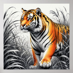 Tiger Art Kleur Gedeeltelijke Zwart Wit Tekening Poster