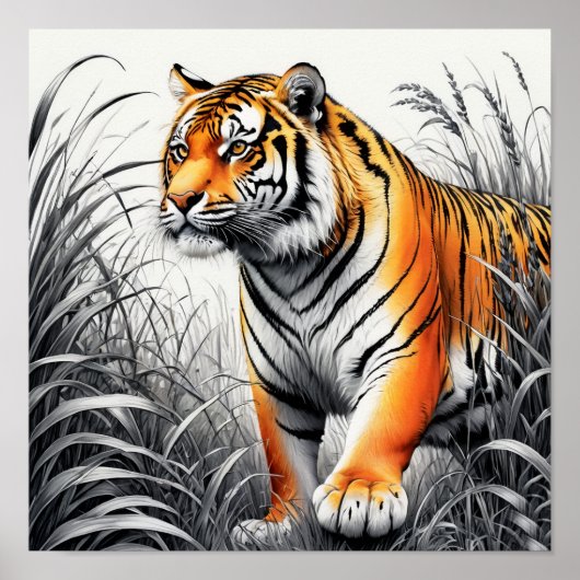 Tiger Art Kleur Gedeeltelijke Zwart Wit Tekening Poster (Voorkant)