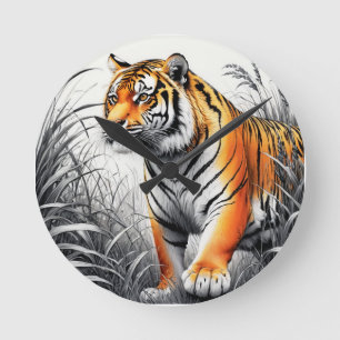 Tiger Art Kleur Gedeeltelijke Zwart Wit Tekening Ronde Klok