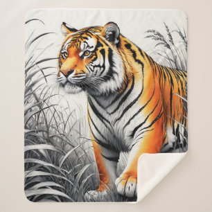 Tiger Art Kleur Gedeeltelijke Zwart Wit Tekening Sherpa Deken