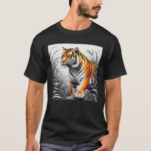 Tiger Art Kleur Gedeeltelijke Zwart Wit Tekening T-shirt