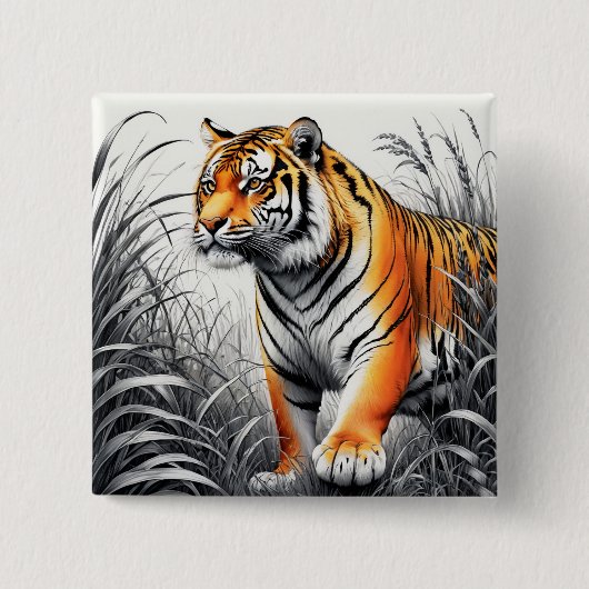 Tiger Art Kleur Gedeeltelijke Zwart Wit Tekening Vierkante Button 5,1 Cm (Voorkant)