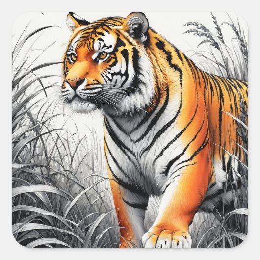 Tiger Art Kleur Gedeeltelijke Zwart Wit Tekening Vierkante Sticker (Voorkant)