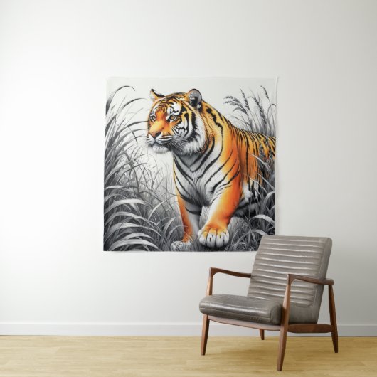 Tiger Art Kleur Gedeeltelijke Zwart Wit Tekening Wandkleed (In situ)