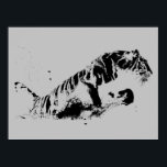 Tiger Attacking Pop Art Poster<br><div class="desc">Pop-kunststijl zwart-wit op grijze achtergrond tijgerafbeelding.</div>