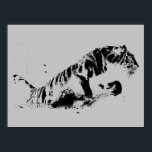 Tiger Attacking Pop Art Poster<br><div class="desc">Pop-kunststijl zwart-wit op grijze achtergrond tijgerafbeelding.</div>