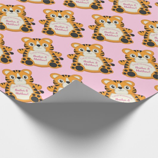 Tiger Baby shower roze Cadeaupapier (Hoek)