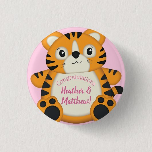 Tiger Baby shower roze Ronde Button 3,2 Cm (Voorkant)