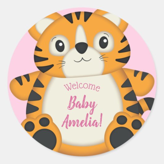 Tiger Baby shower roze Ronde Sticker (Voorkant)