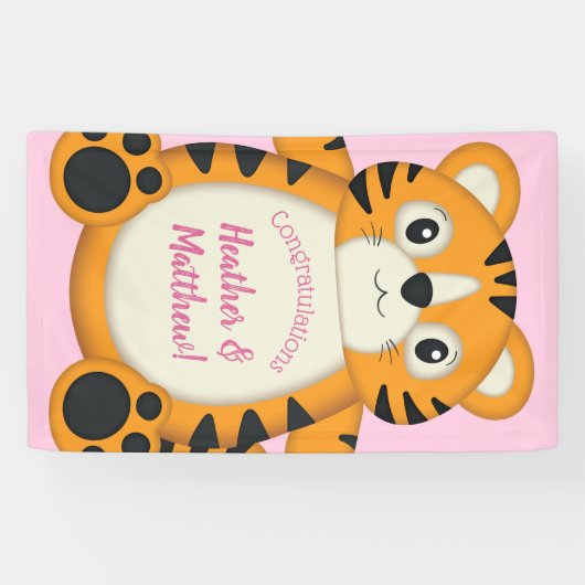 Tiger Baby shower roze Spandoek (Horizontaal)