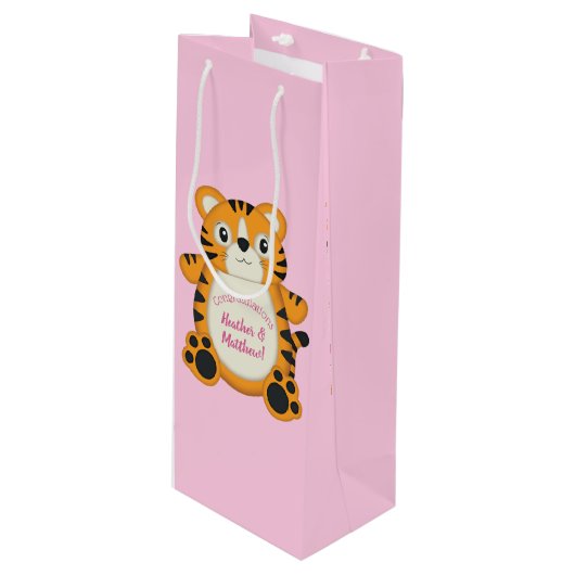 Tiger Baby shower roze Wijn Cadeautas (Voorkant Gekanteld)