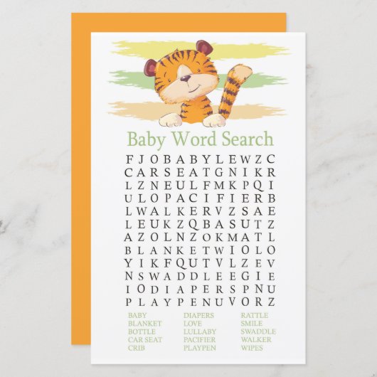 Tiger Baby shower Word Search Game (Voorkant / Achterkant)