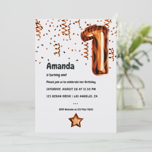 Tiger-ballon 1st-Birthday-partijuitnodiging Kaart (Staand voorkant)