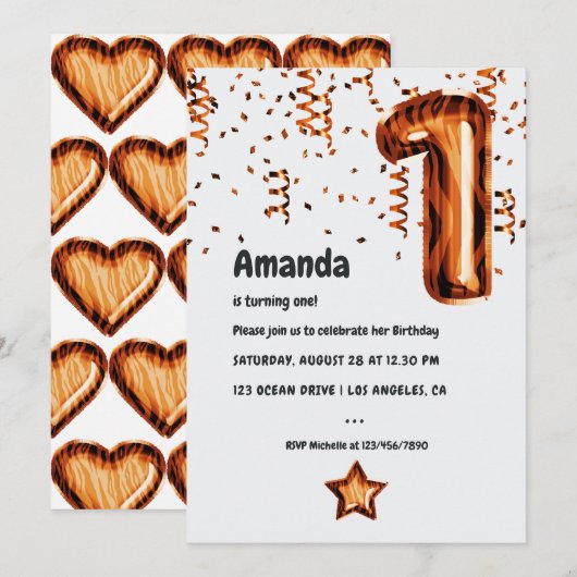 Tiger-ballon 1st-Birthday-partijuitnodiging Kaart (Voorkant / Achterkant)