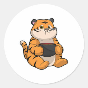 Tiger bij Eten met Bowl Ronde Sticker